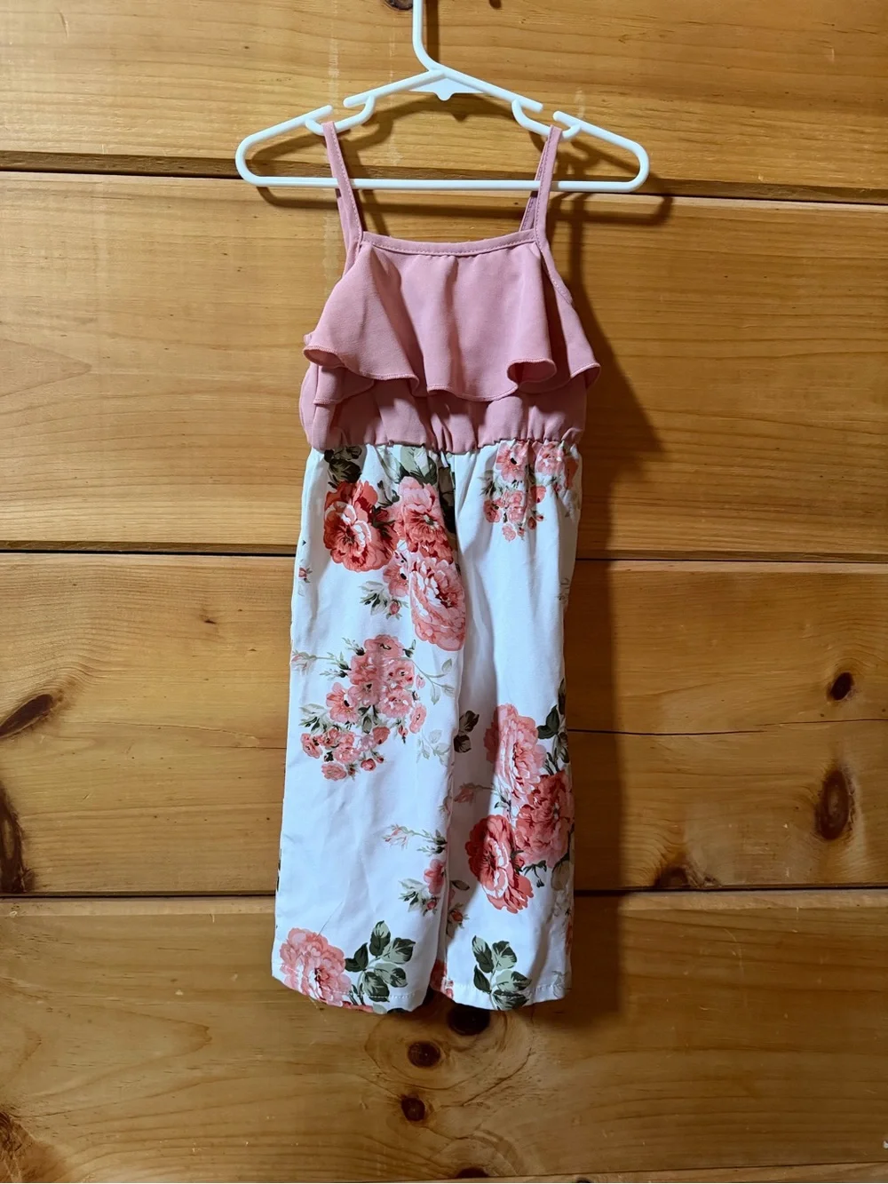 SHEIN Pink & White Floral Girls' Spaghetti-Strap Jumpsuit